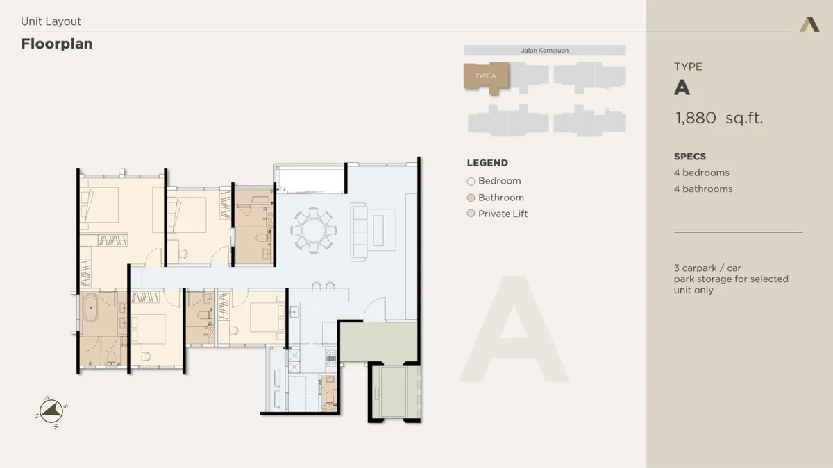 Type A floor plan — 1,880 sq ft, 4 bedrooms