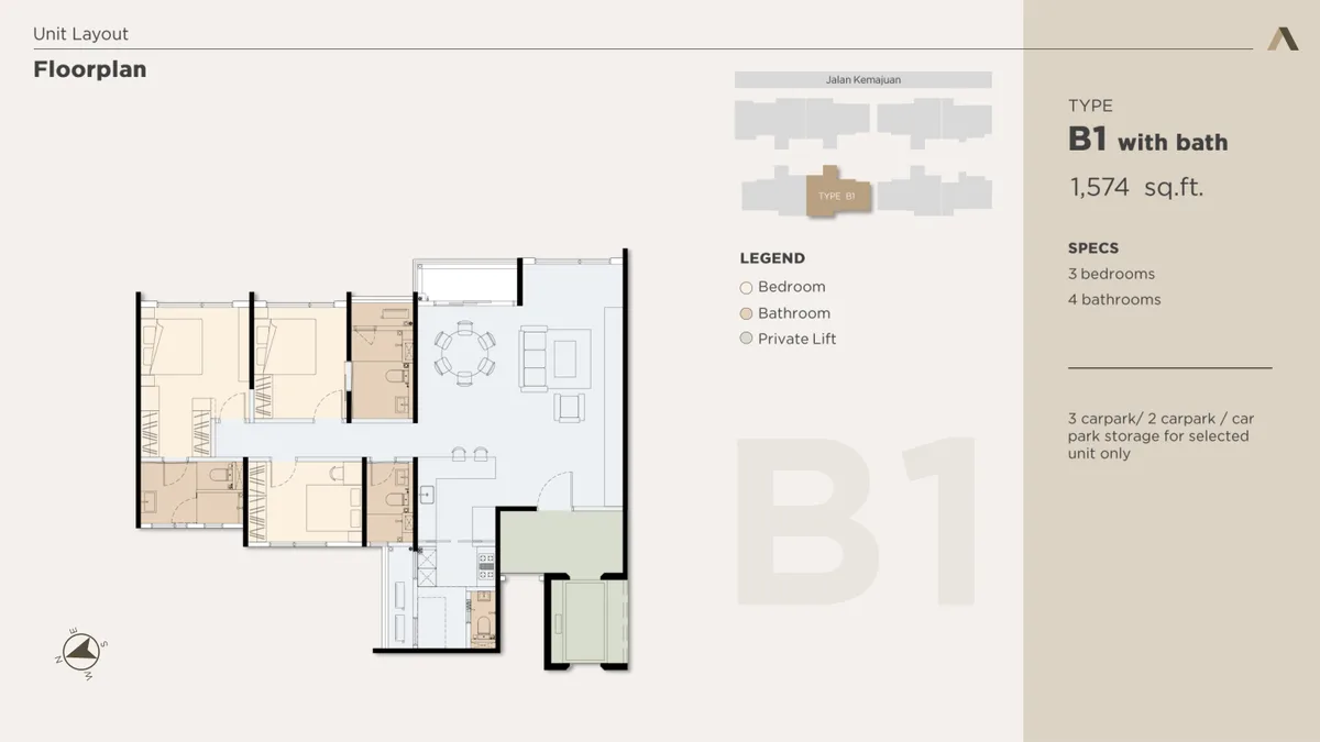 Type B1 floor plan — 1,574 sq ft, 3 bedrooms