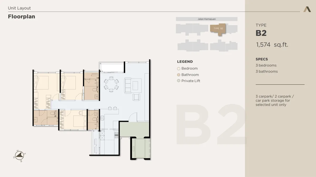 Type B2 floor plan — 1,574 sq ft, 3 bedrooms