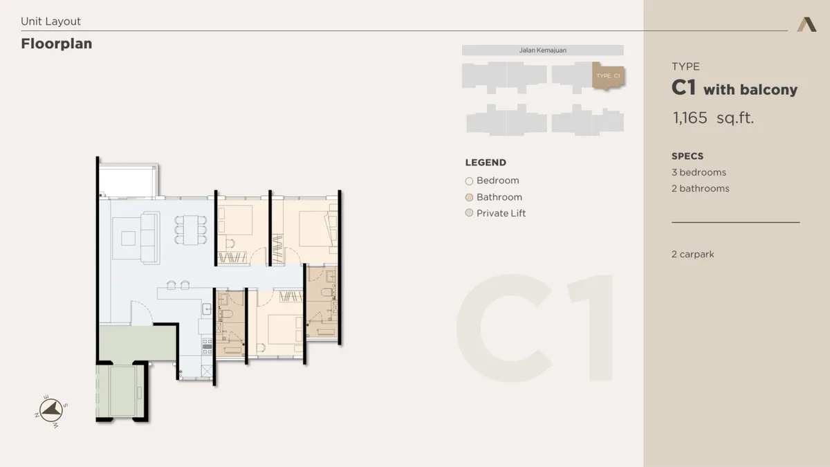 Type C1 floor plan — 1,165 sq ft, 3 bedrooms, with balcony