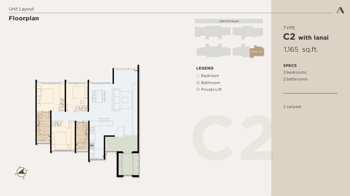 Type C2 floor plan — 1,165 sq ft, 3 bedrooms, with lanai