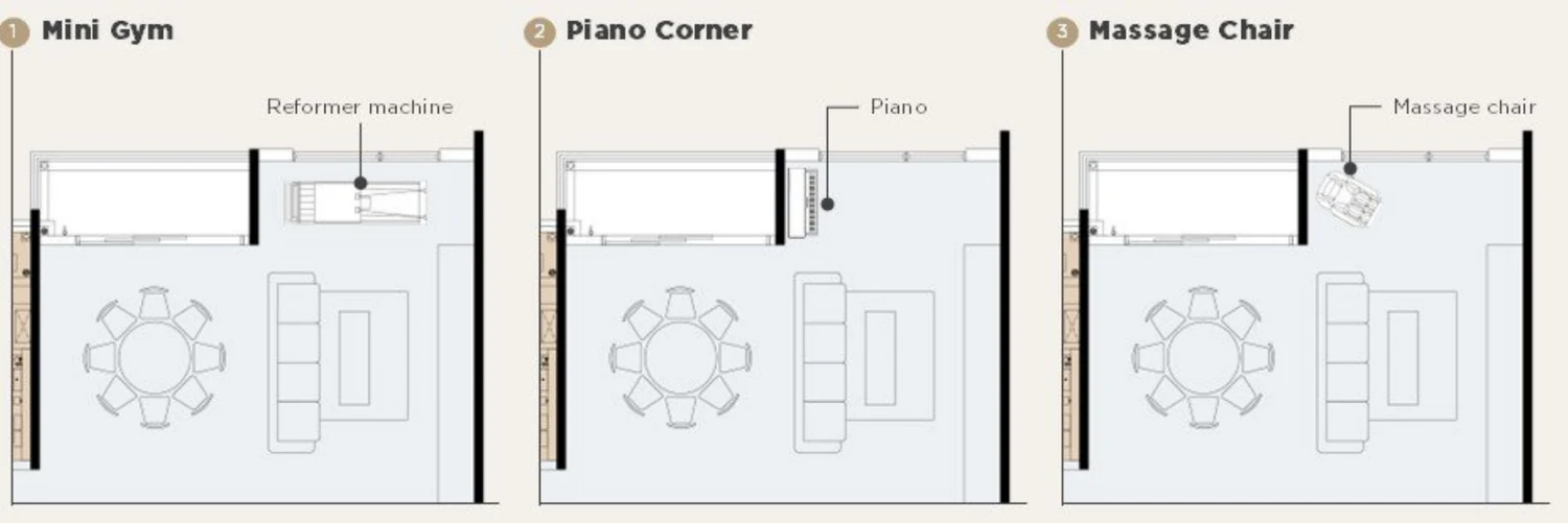 Accent Residences PJ developer drawing: Lanai and balcony configurations: mini gym, piano corner or massage chair