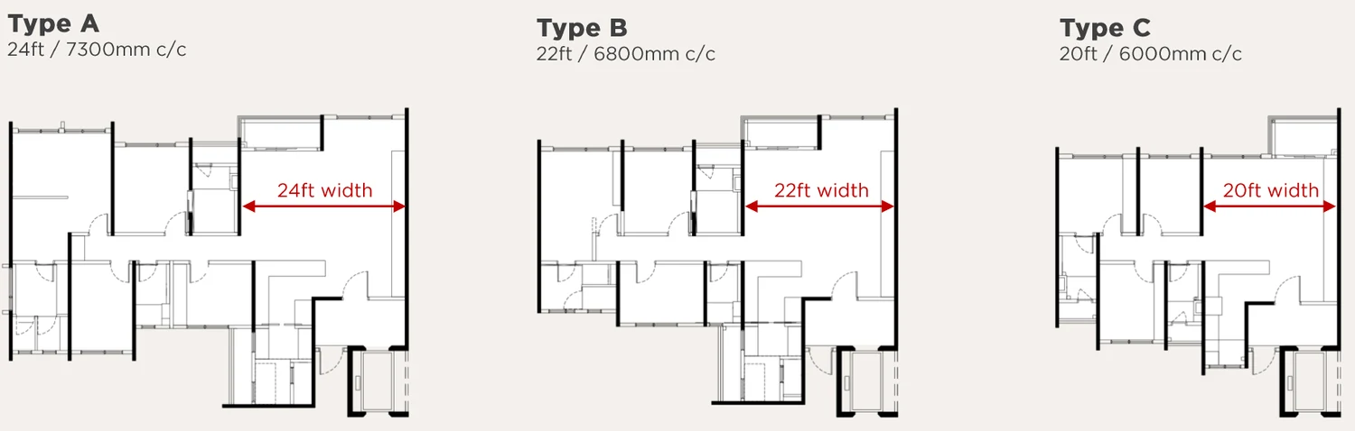 Accent Residences PJ developer drawing: Living and dining side by side at 24 ft (Type A), 22 ft (Type B) and 20 ft (Type C)