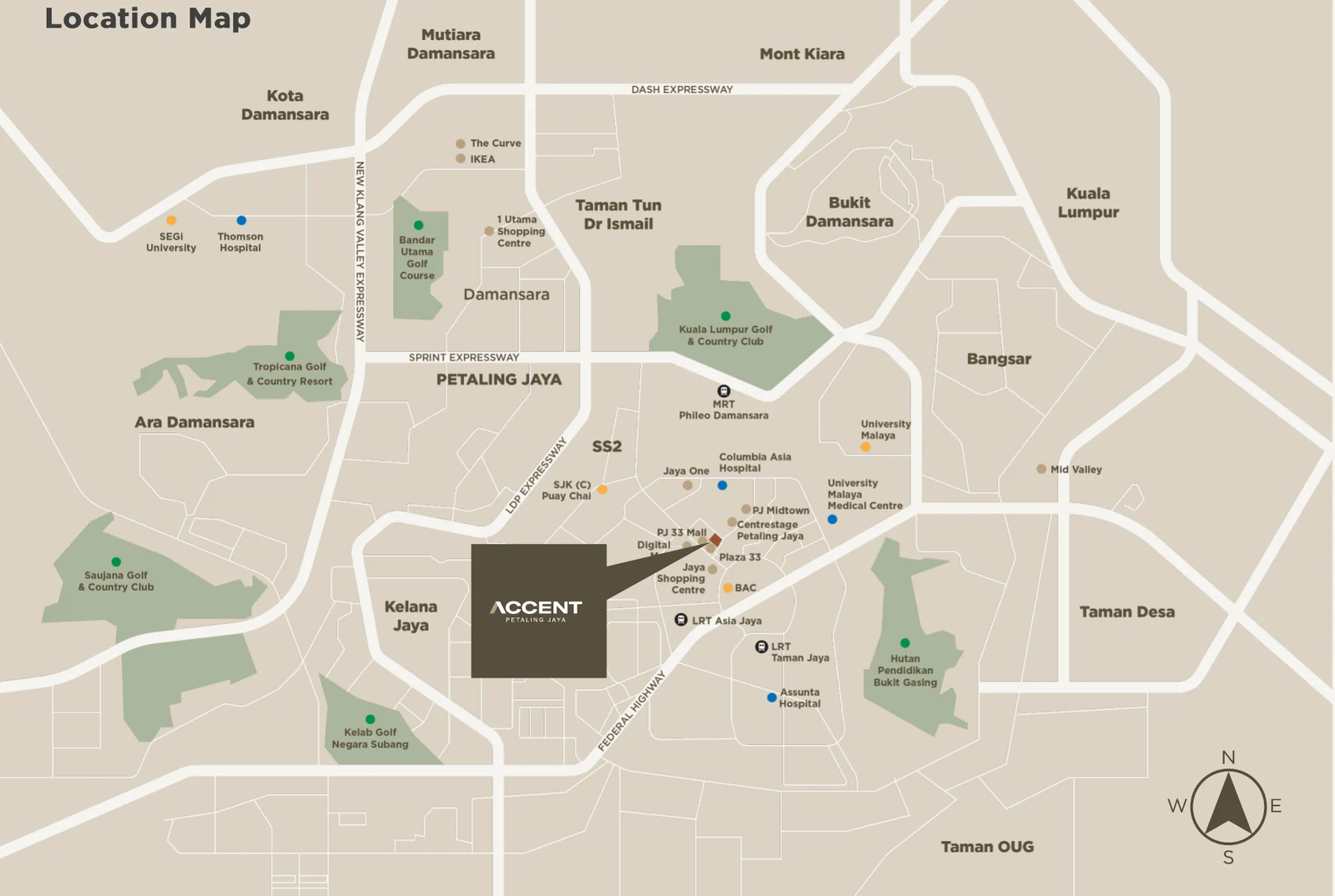 Developer location map showing Accent in Petaling Jaya near Jaya Shopping Centre, Plaza 33, Asia Jaya LRT, Phileo Damansara MRT and the Federal Highway