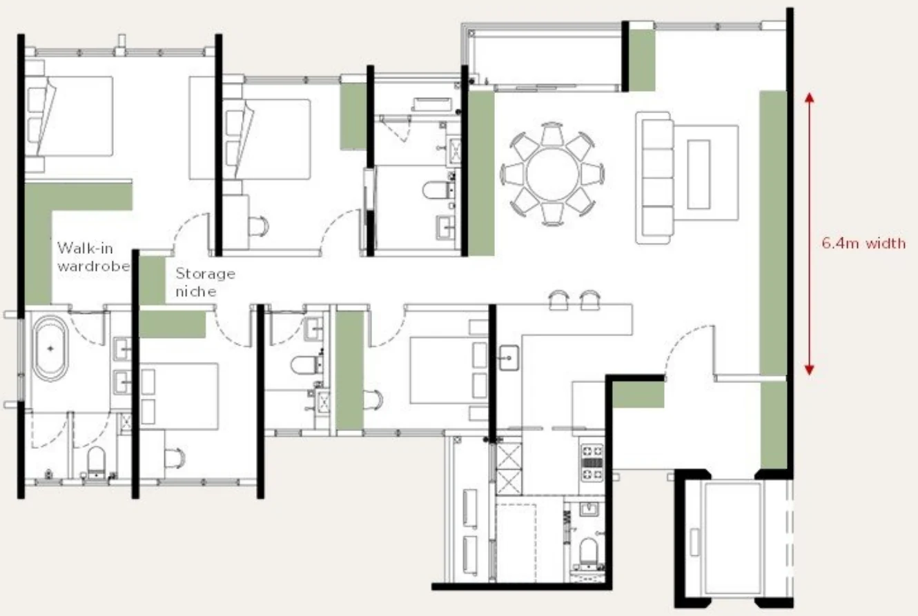 Accent Residences PJ developer drawing: Convertible storage: storage wall, walk-in wardrobe and storage niche in a 6.4 m wide unit
