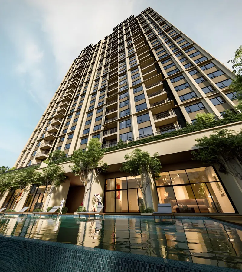 Accent Residences PJ tower render with a landscaped podium and pool, Jalan Kemajuan, Section 13, Petaling Jaya, artist's impression