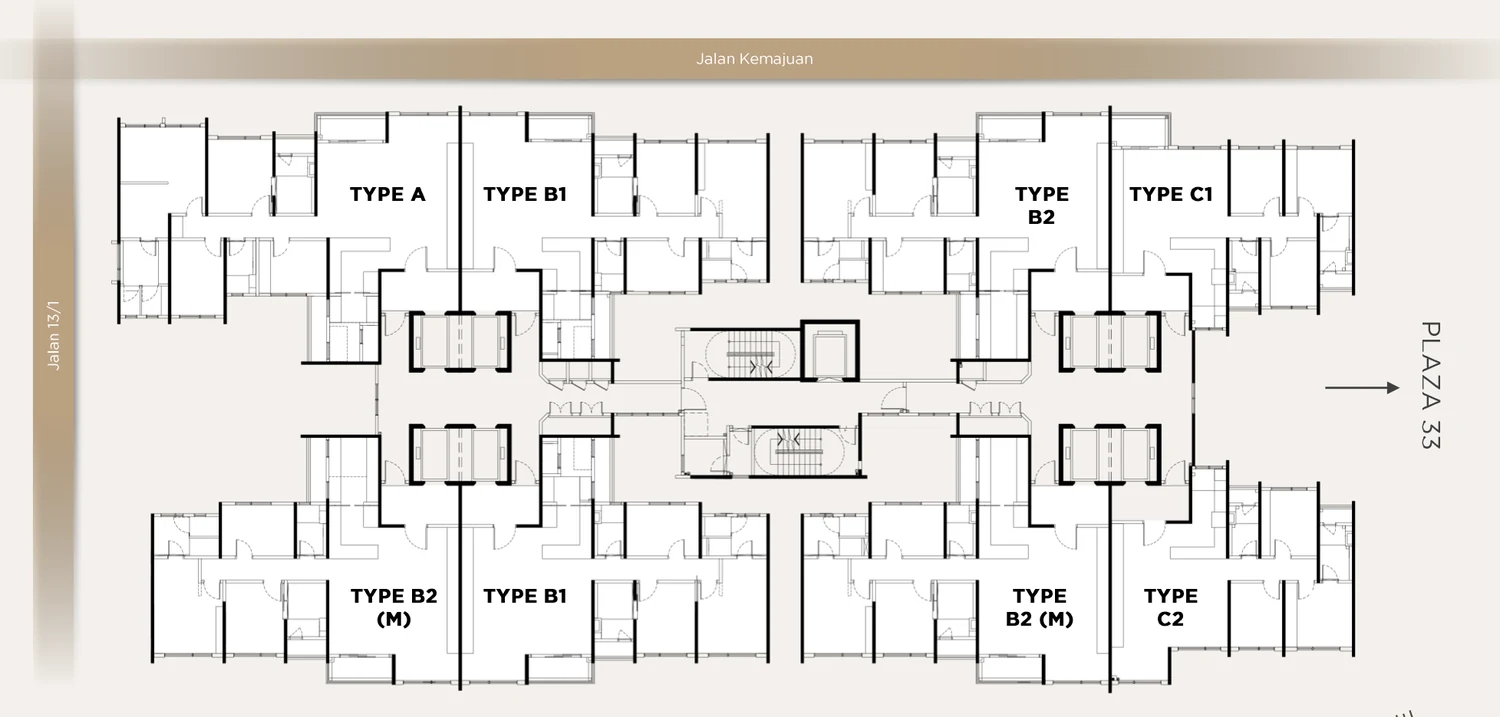 Accent Residences PJ developer drawing: Typical floor plan showing where Types A, B1, B2, C1 and C2 sit along Jalan Kemajuan and Jalan 13/1