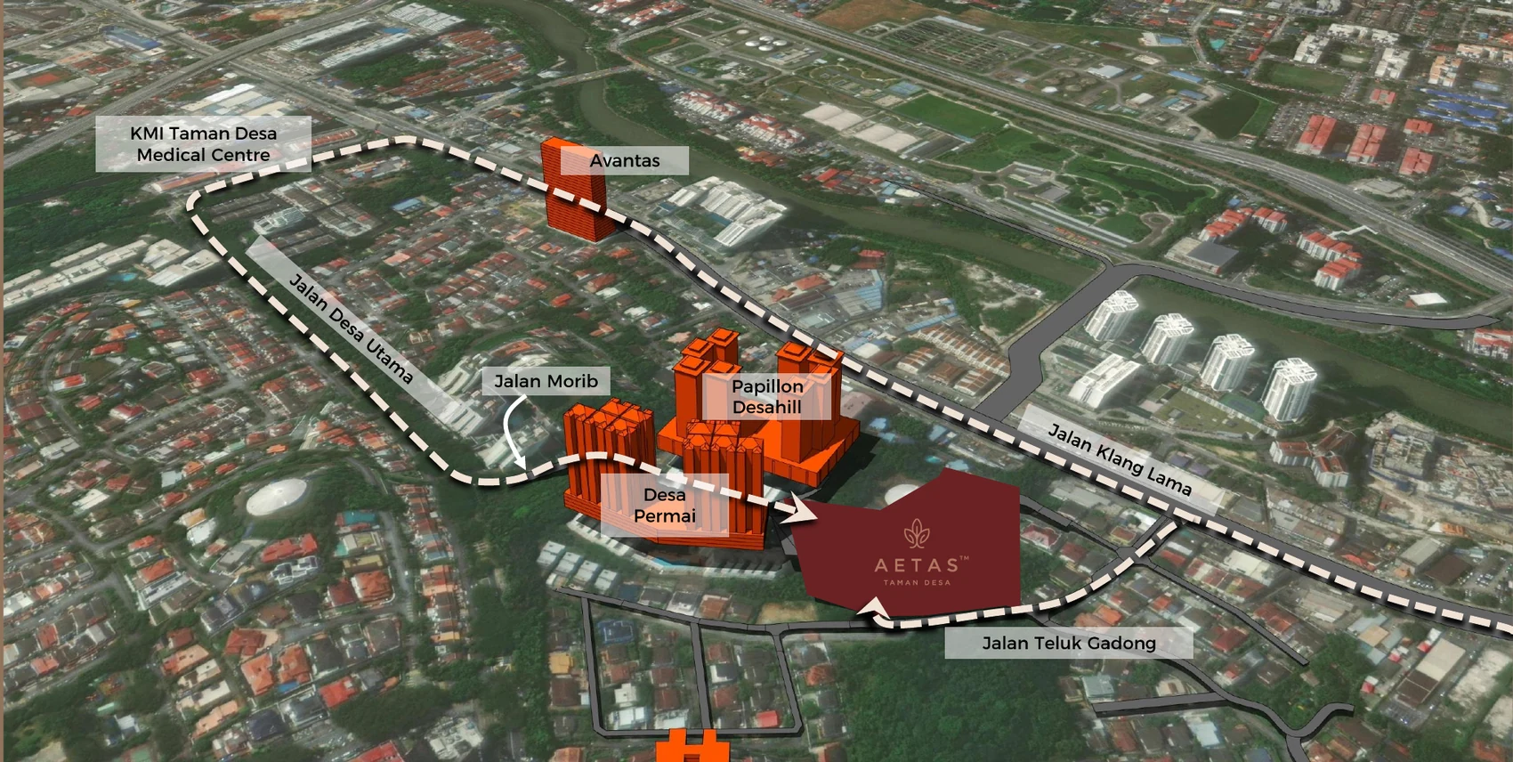 Developer access map showing Aetas Taman Desa beside Papillon Desahill and Desa Permai, with Jalan Desa Utama, Jalan Morib, Jalan Klang Lama and Jalan Teluk Gadong