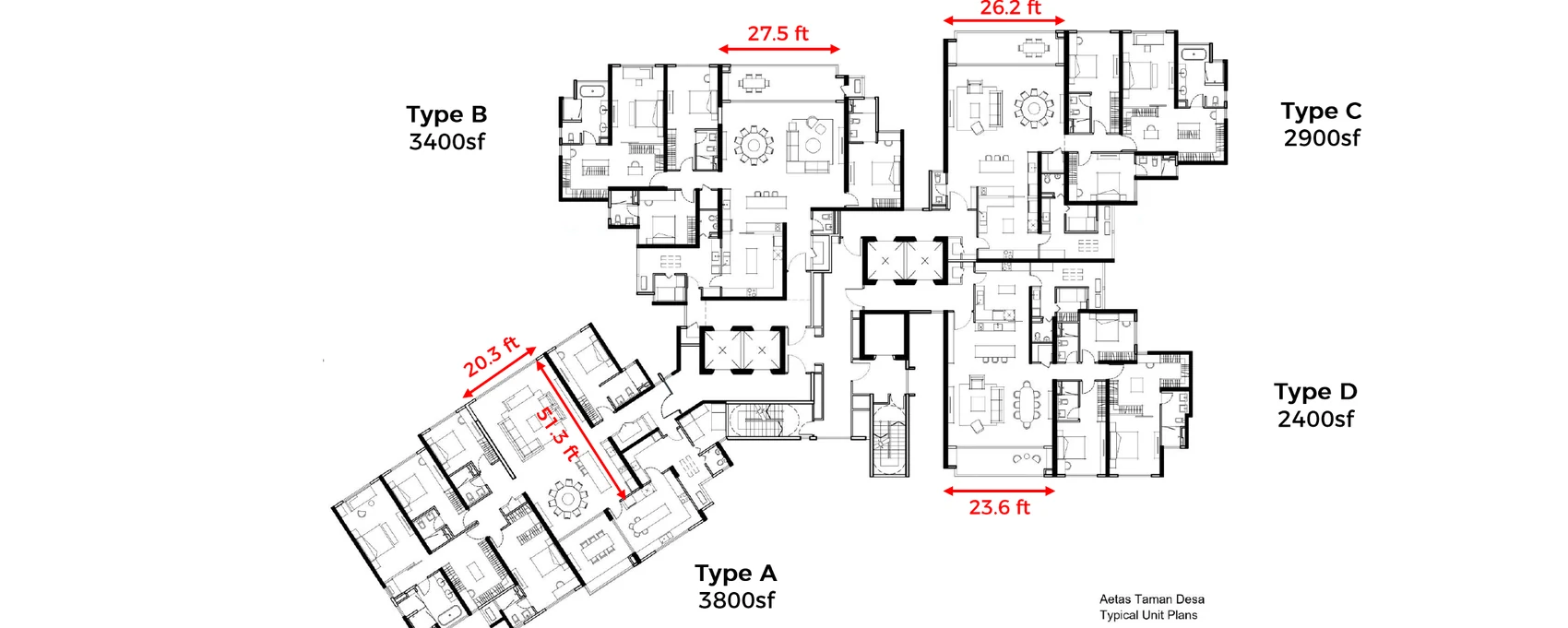 Aetas Taman Desa typical floor plate with four units per floor: Types A, B, C and D around two private lift lobbies, with frontage dimensions