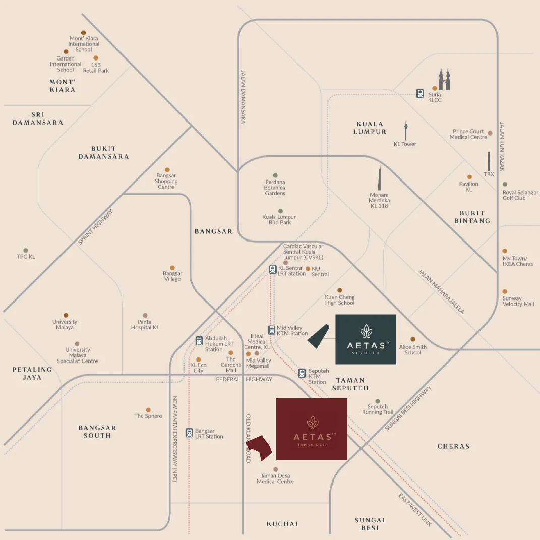 Developer locale map placing Aetas Taman Desa between Aetas Seputeh, Mid Valley, Bangsar and Kuchai, with the main roads and rail stations