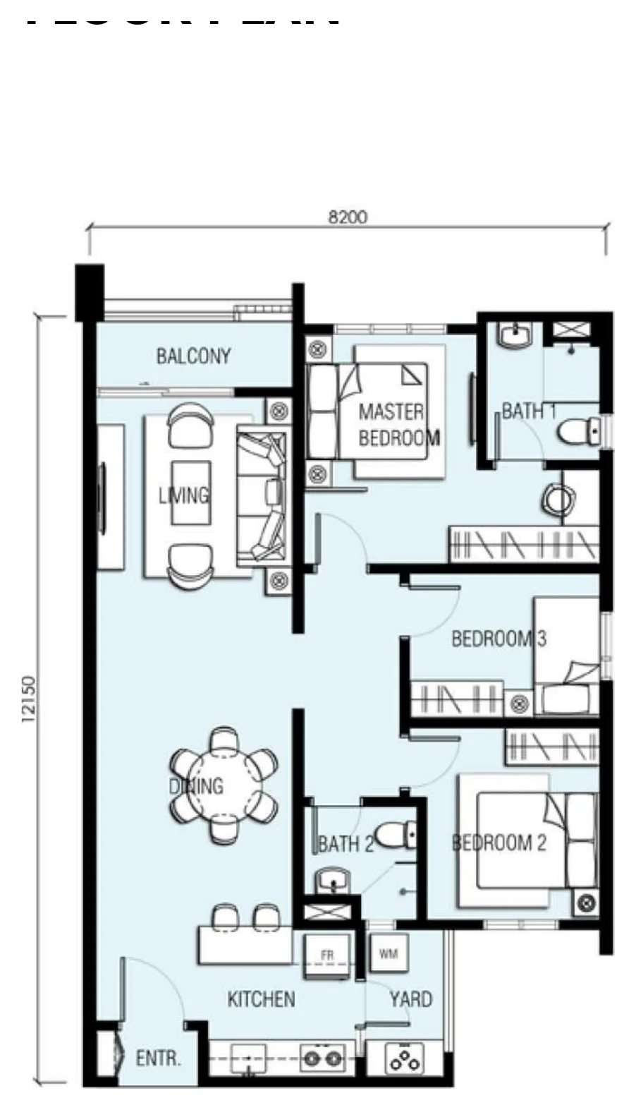 AKASA Type B floor plan — 1,000 sq ft, 3 bedrooms