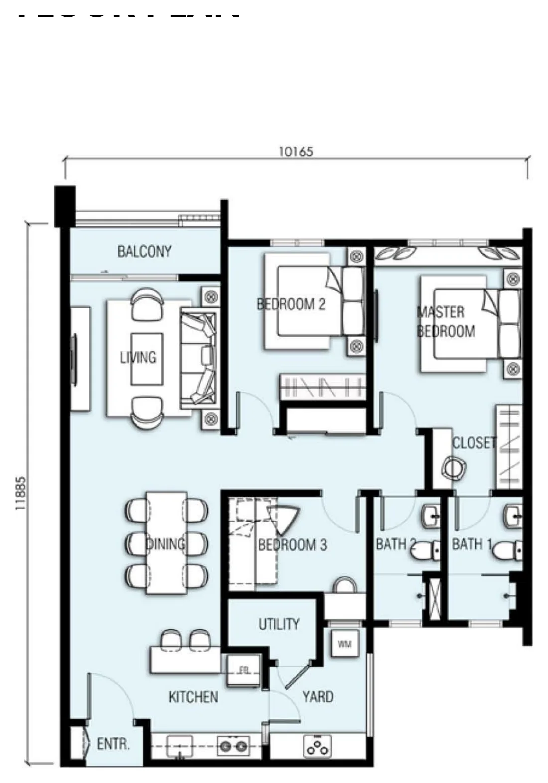 AKASA Type C floor plan — 1,155 sq ft, 3 bedrooms