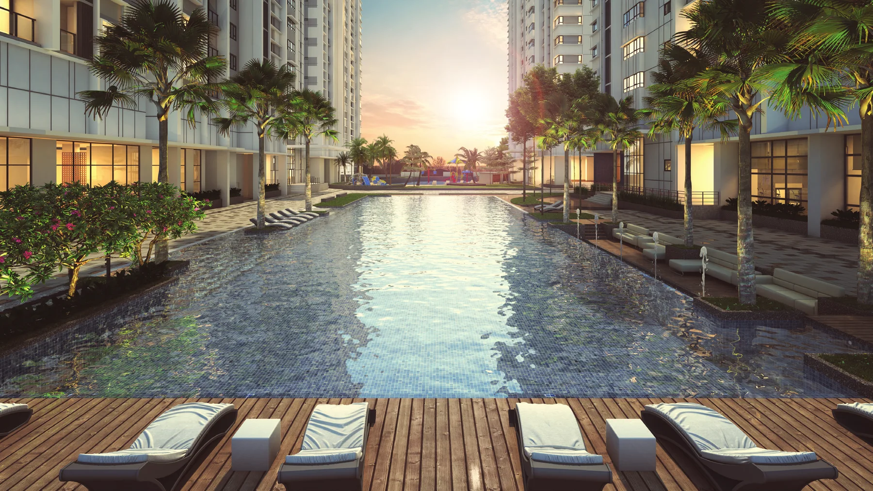 AKASA resort pool at sunset, artist's impression