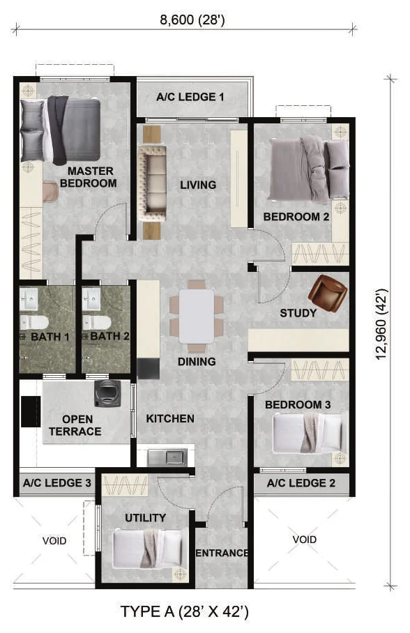 Alamanda Heights Type A floor plan — 1,050 sq ft, 3+1 bedrooms with study