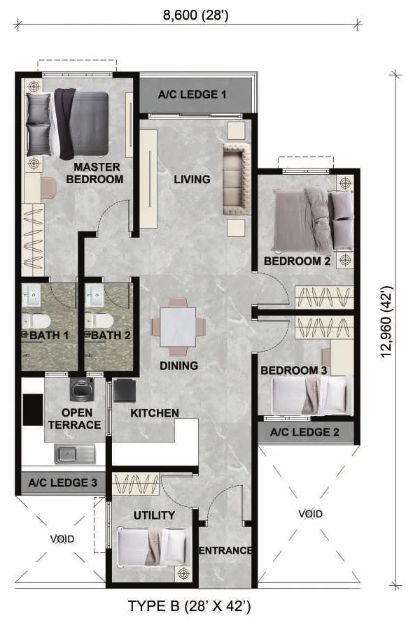 Alamanda Heights Type B floor plan — 971 sq ft, 3+1 bedrooms