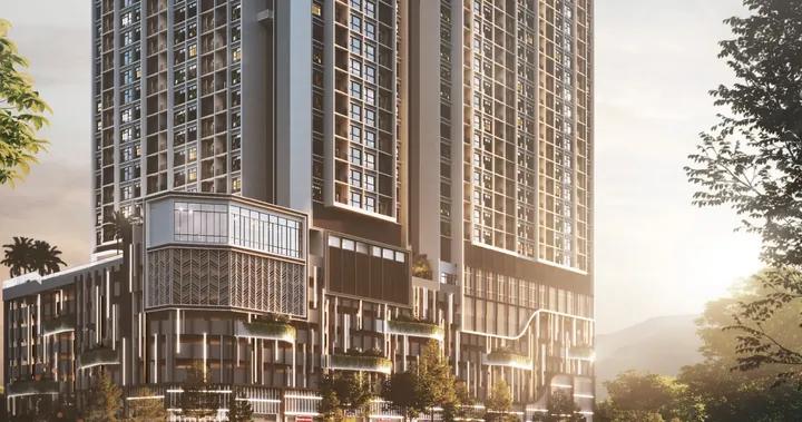 Artist's impression of the two Aliva towers rising above the landscaped podium at Mount Austin, Johor Bahru
