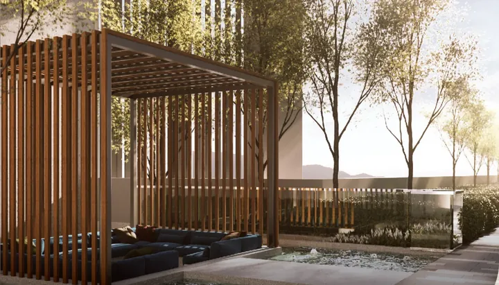 Artist's impression of the sunken pavilion garden on the Level 7 podium at Aliva