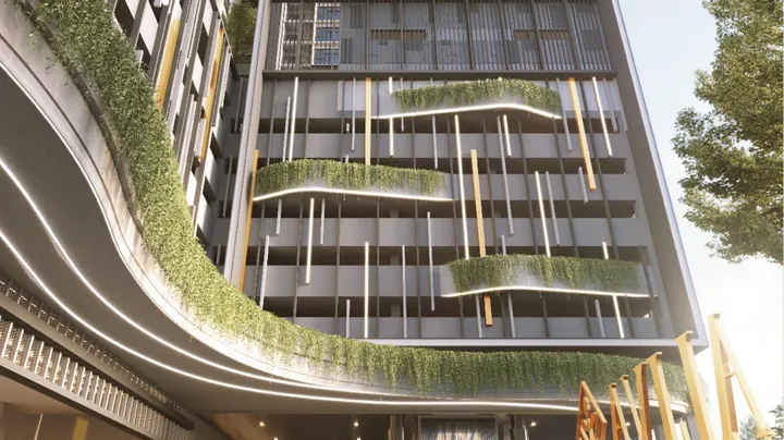 Artist's impression of the Aliva podium facade with planted terraces and timber fins