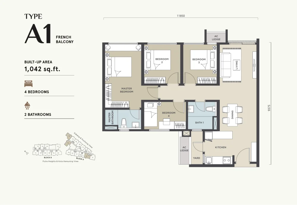 Alora Residences Type A1 floor plan — 1,042 sq ft, 4 bedrooms, French balcony