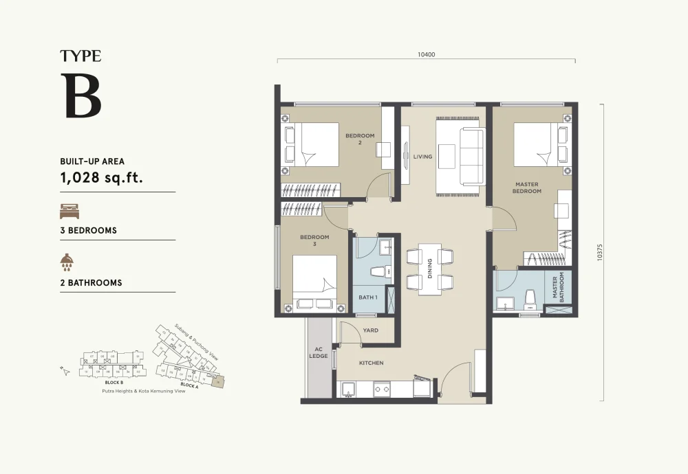 Alora Residences Type B floor plan — 1,028 sq ft, 3 bedrooms