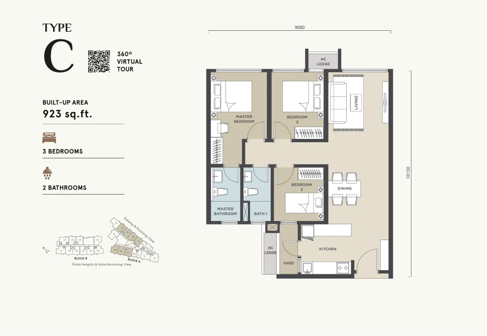 Alora Residences Type C floor plan — 923 sq ft, 3 bedrooms