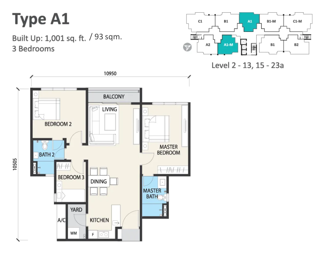 Alstonia Type A1 floor plan — 1,001 sq ft, 3 bedrooms