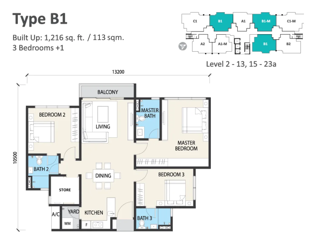 Alstonia Type B1 floor plan — 1,216 sq ft, 3+1 bedrooms