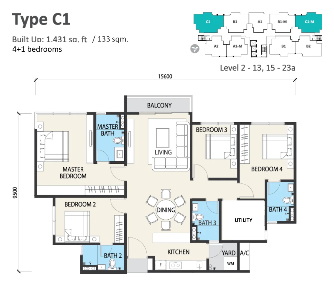 Alstonia Type C1 floor plan — 1,431 sq ft, 4+1 bedrooms