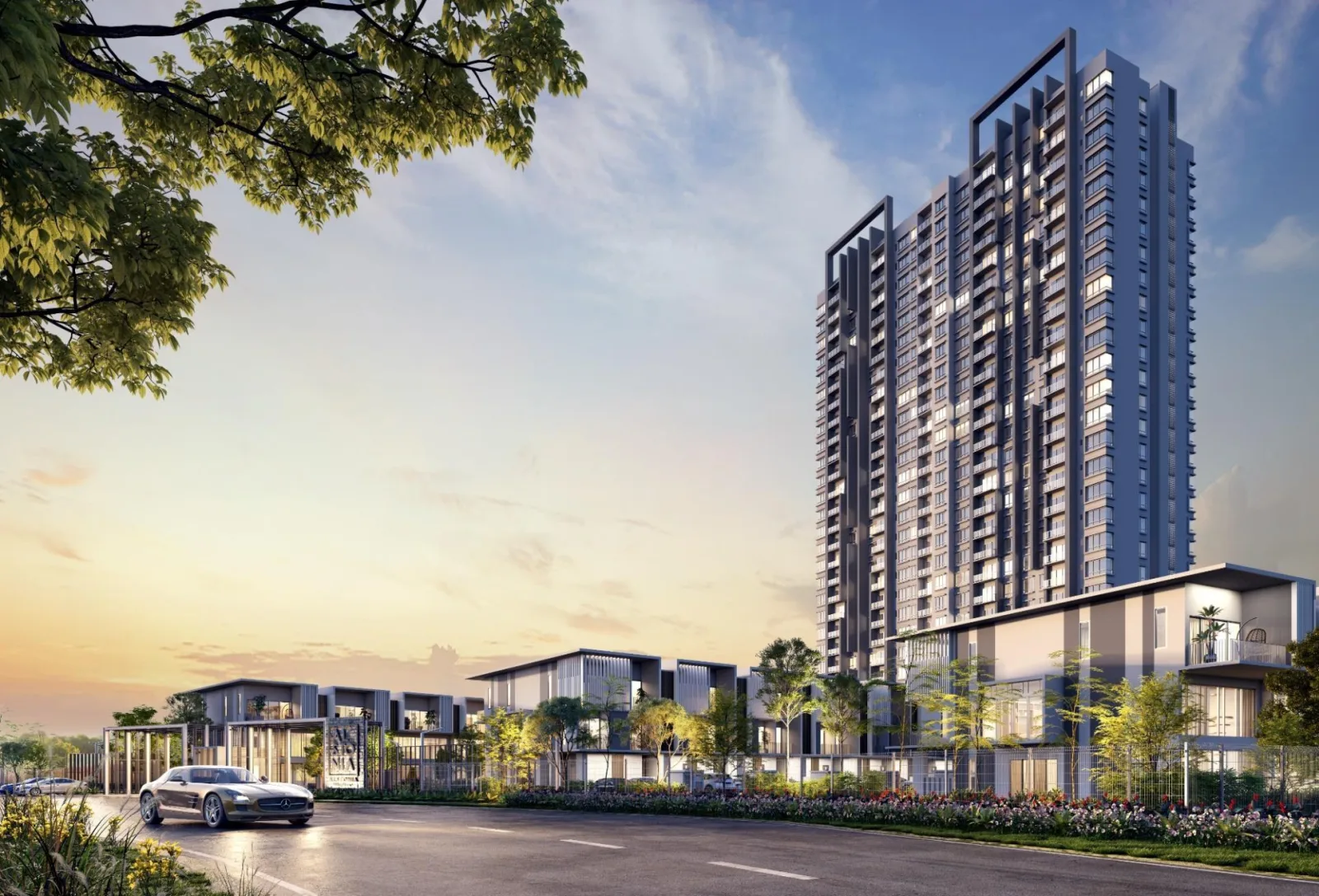 Alstonia Garden Heights tower and Garden Villas at sunrise, artist's impression