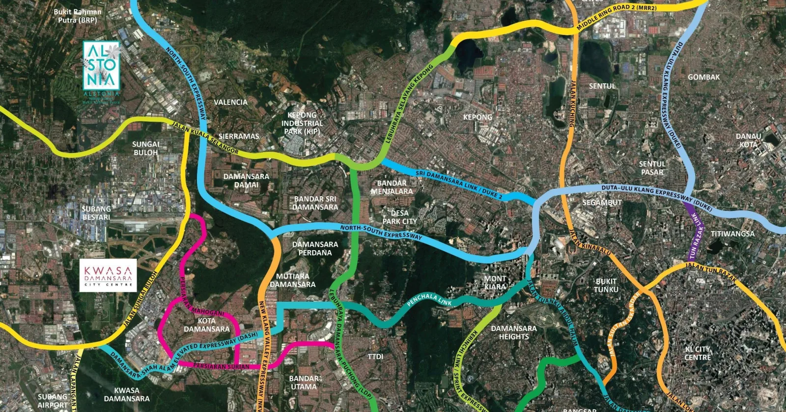 Regional map showing Alstonia in Bukit Rahman Putra relative to Sungai Buloh, Kwasa Damansara, Kota Damansara, Kepong, Subang Airport and the main expressways