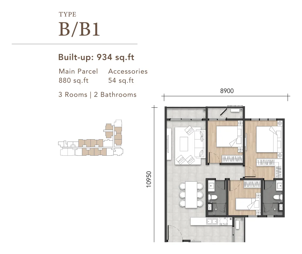 Amara Residences Type B floor plan — 934 sq ft, 3 bedrooms