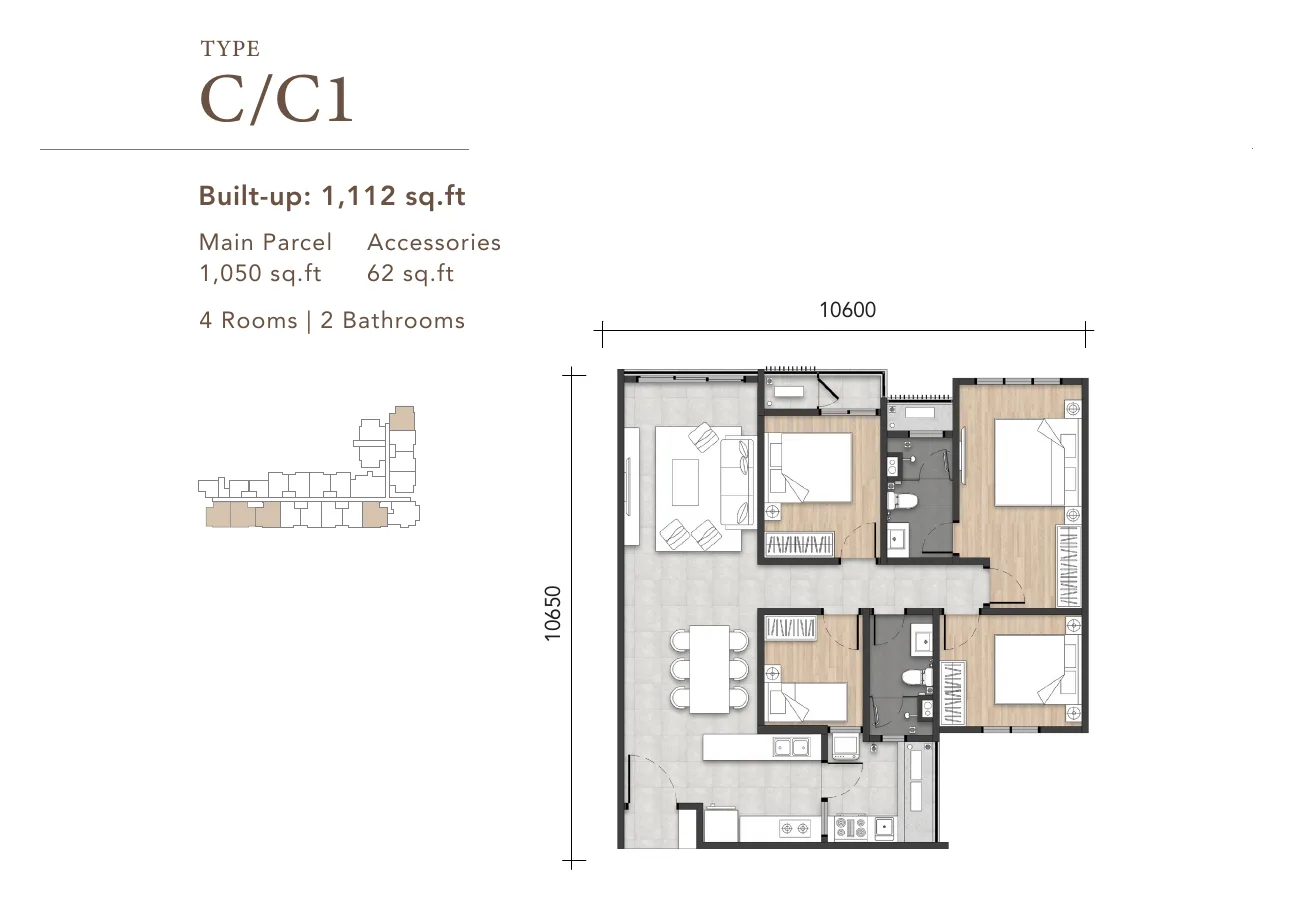 Amara Residences Type C floor plan — 1,112 sq ft, 4 bedrooms