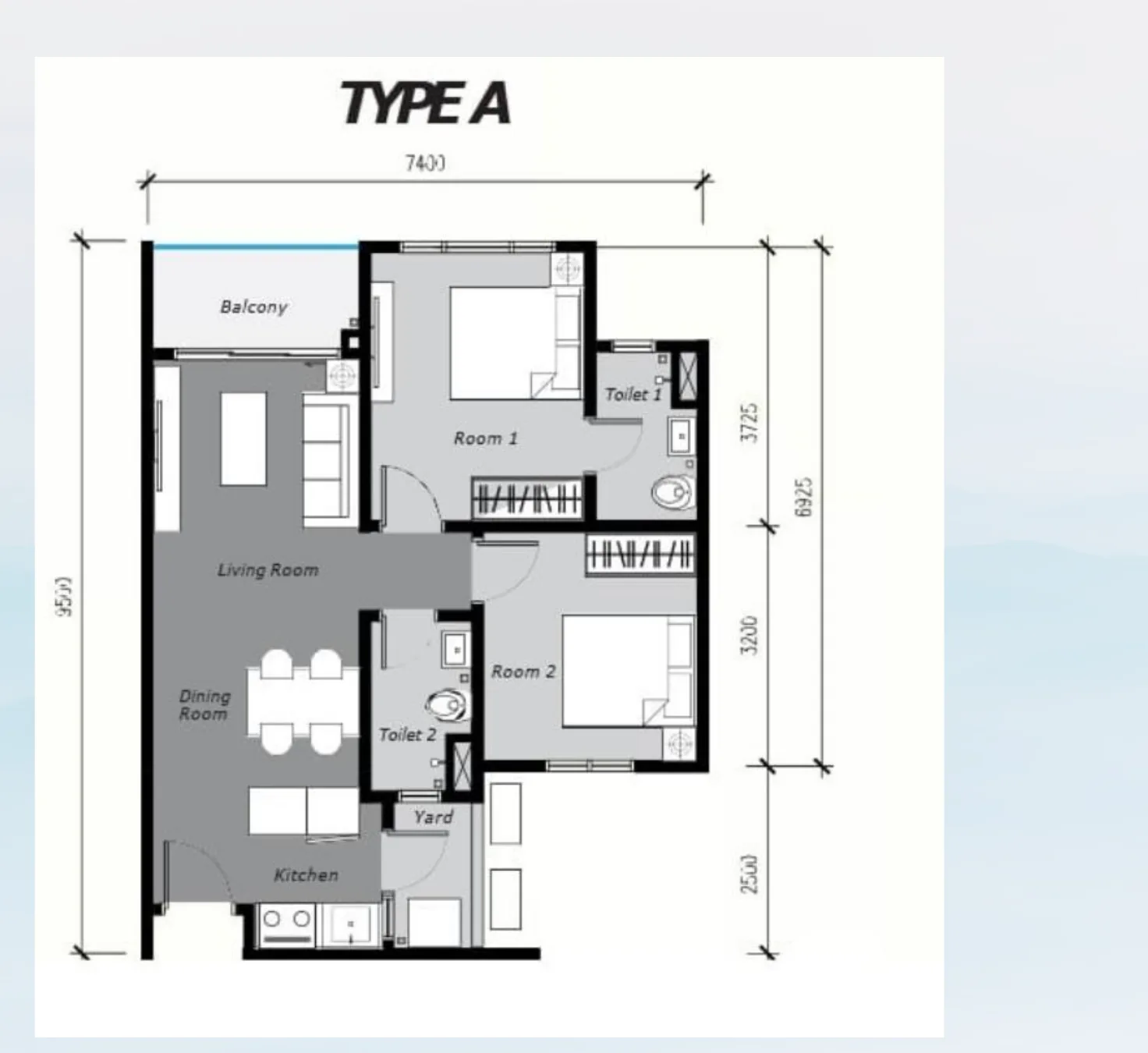 Ambience Residence Type A floor plan — 2 bedrooms