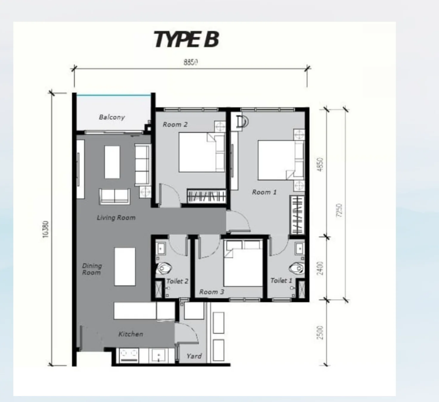 Ambience Residence Type B floor plan — 3 bedrooms