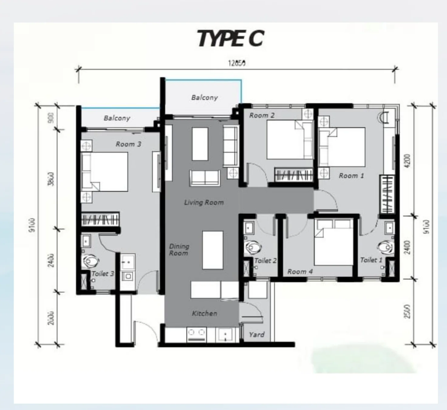 Ambience Residence Type C floor plan — 4 bedrooms