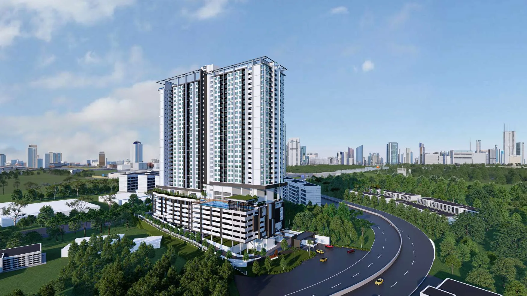 Ambience Residence Sungai Besi tower and podium against the Kuala Lumpur skyline, artist's impression