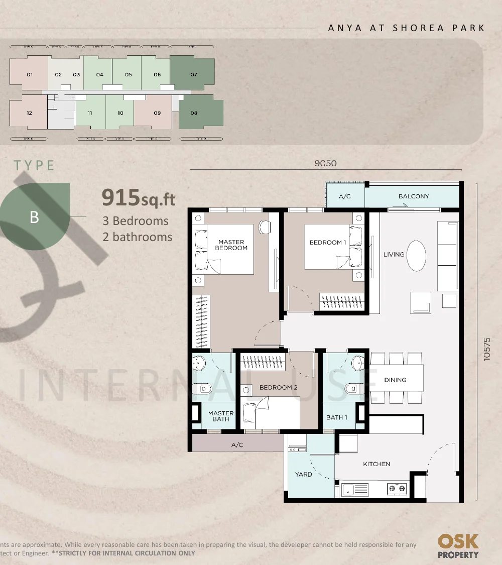 ANYA at Shorea Park Type B floor plan — 915 sq ft, 3 bedrooms