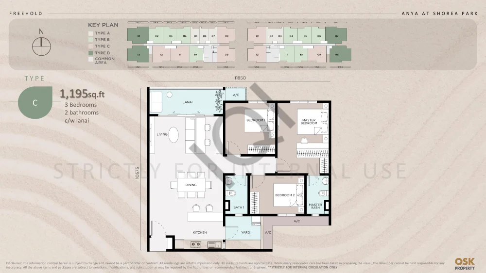 ANYA at Shorea Park Type C floor plan — 1,195 sq ft, 3 bedrooms, with lanai