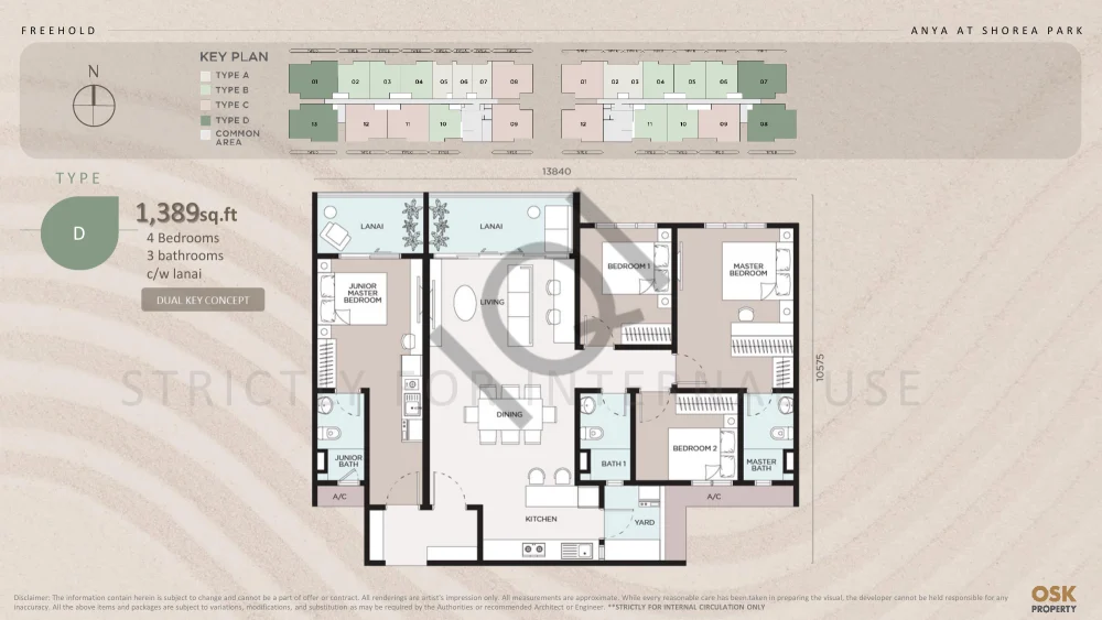 ANYA at Shorea Park Type D floor plan — 1,389 sq ft, 4 bedrooms, dual-key