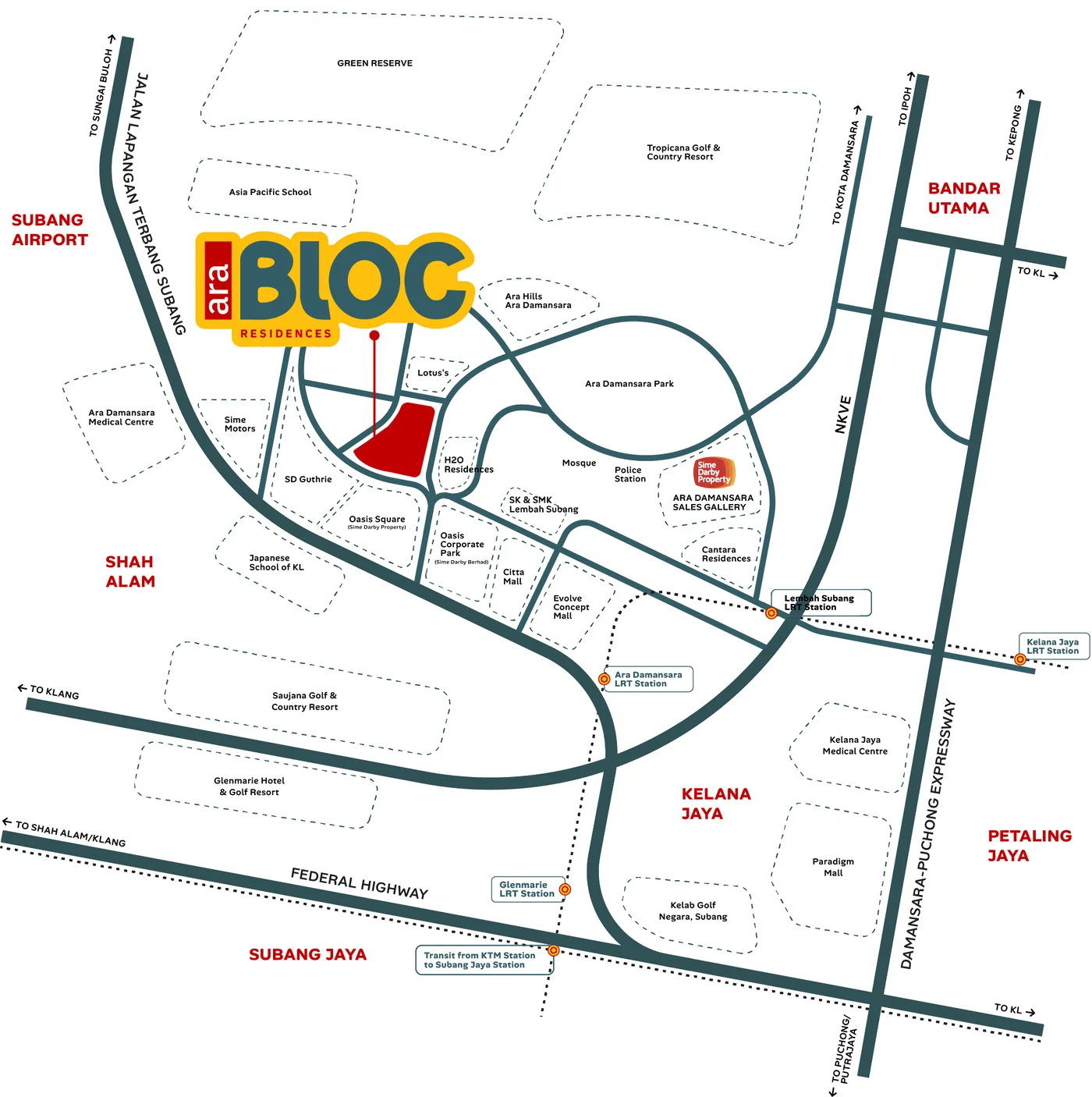 Developer location map of Ara Bloc Residences in Ara Damansara with the site marked in red and nearby roads and landmarks
