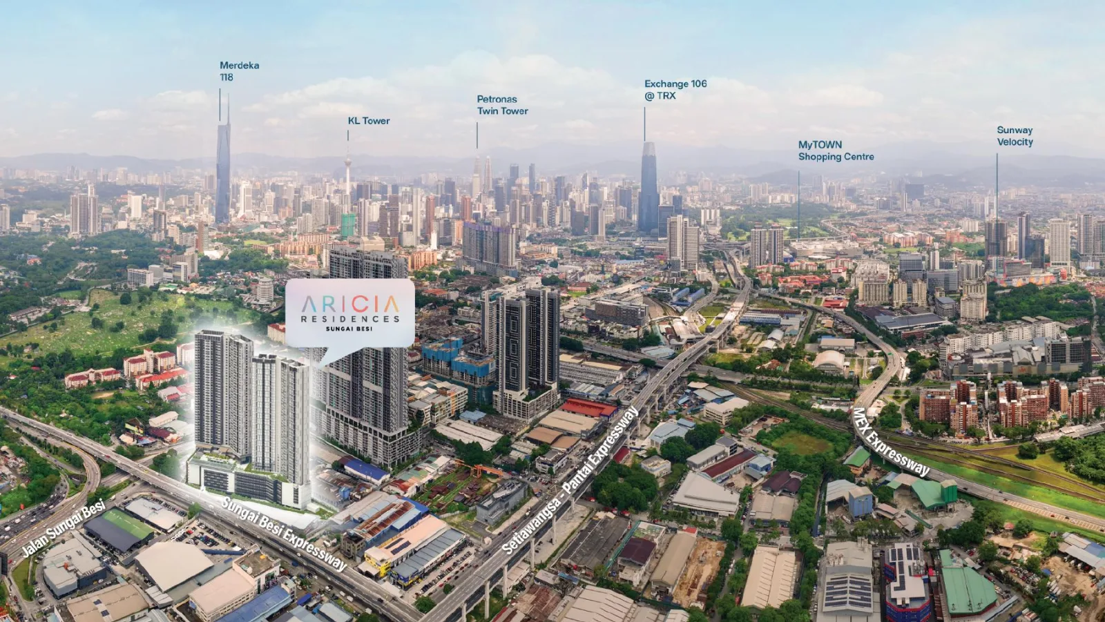 Aricia Residences aerial view against the Kuala Lumpur skyline, artist's impression
