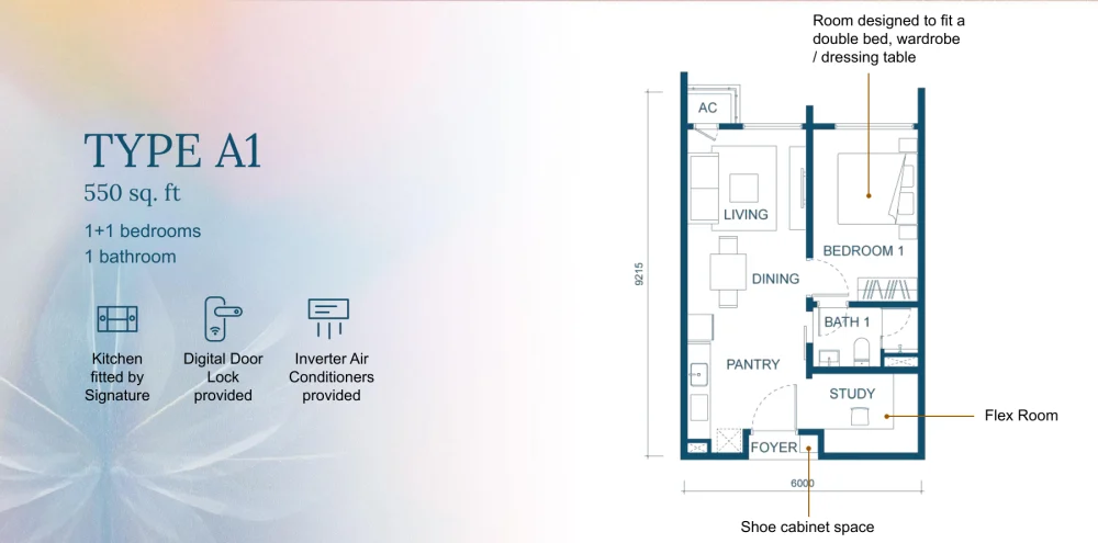 Aricia Residences Type A1 floor plan — 550 sq ft, 1+1 bedrooms