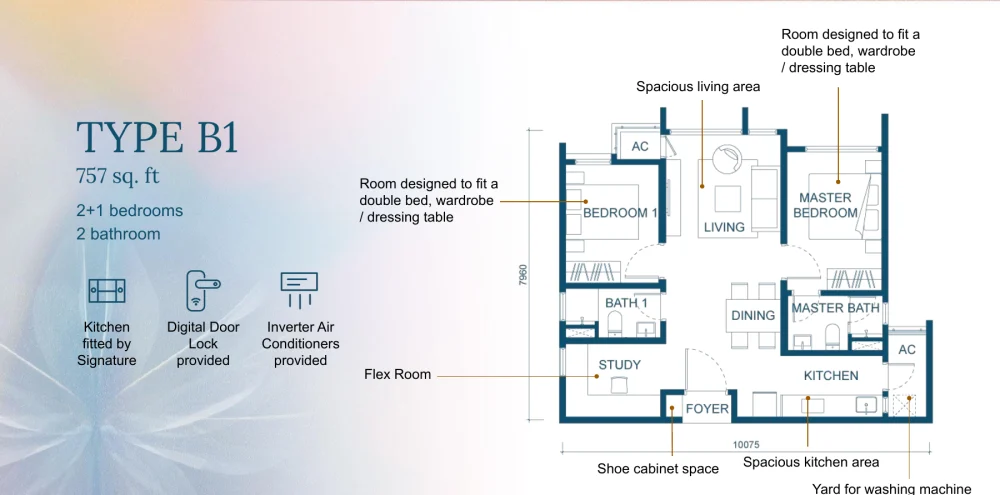 Aricia Residences Type B1 floor plan — 757 sq ft, 3+1 bedrooms