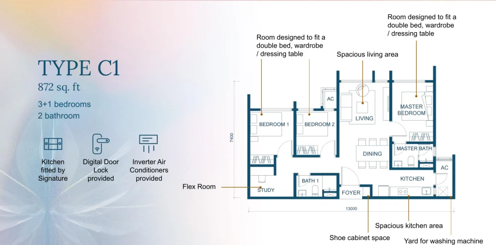 Aricia Residences Type C1 floor plan — 872 sq ft, 3+1 bedrooms