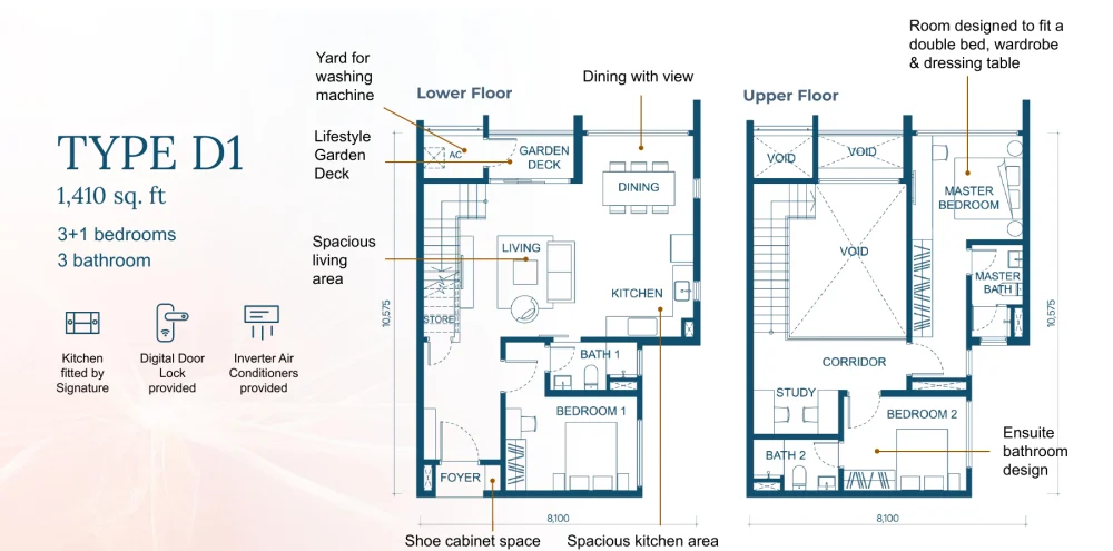 Aricia Residences Type D1 floor plan — 1,410 sq ft, 3+1 bedrooms, duplex