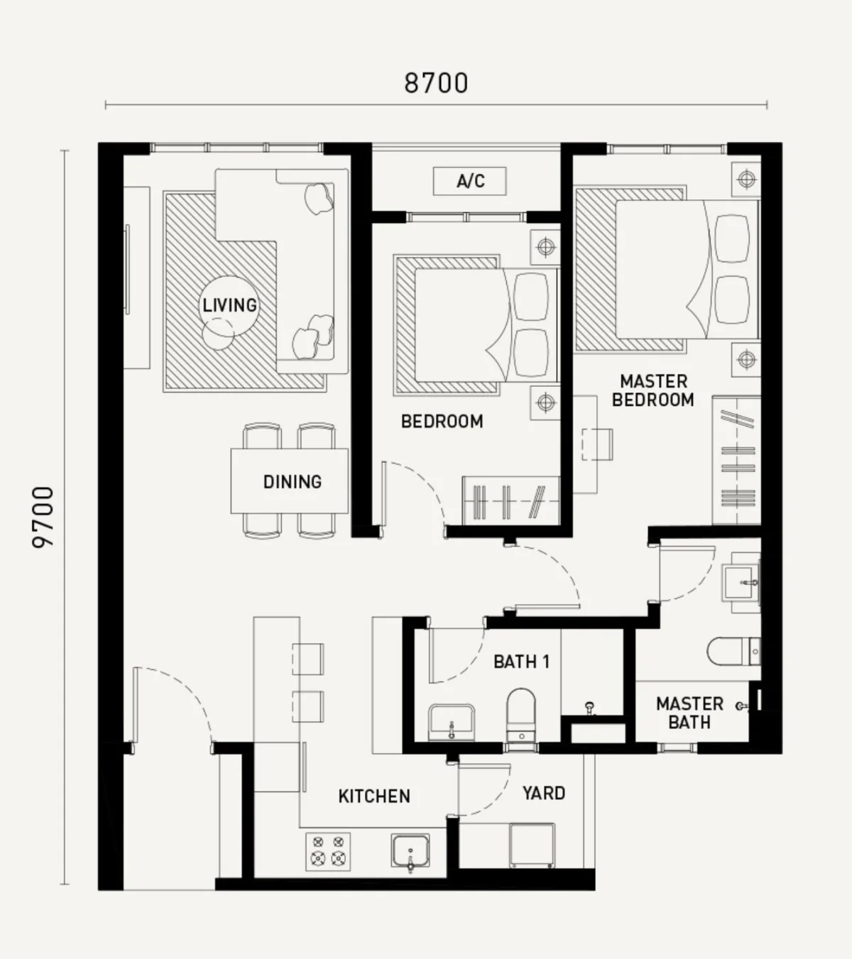 Arunya Residences Type B floor plan — 840 sq ft