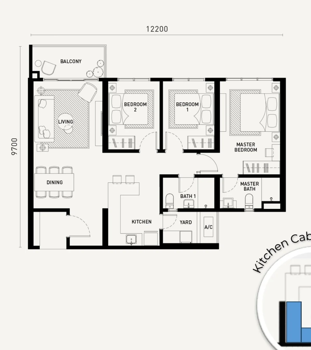 Arunya Residences Type C floor plan — 1,044 sq ft