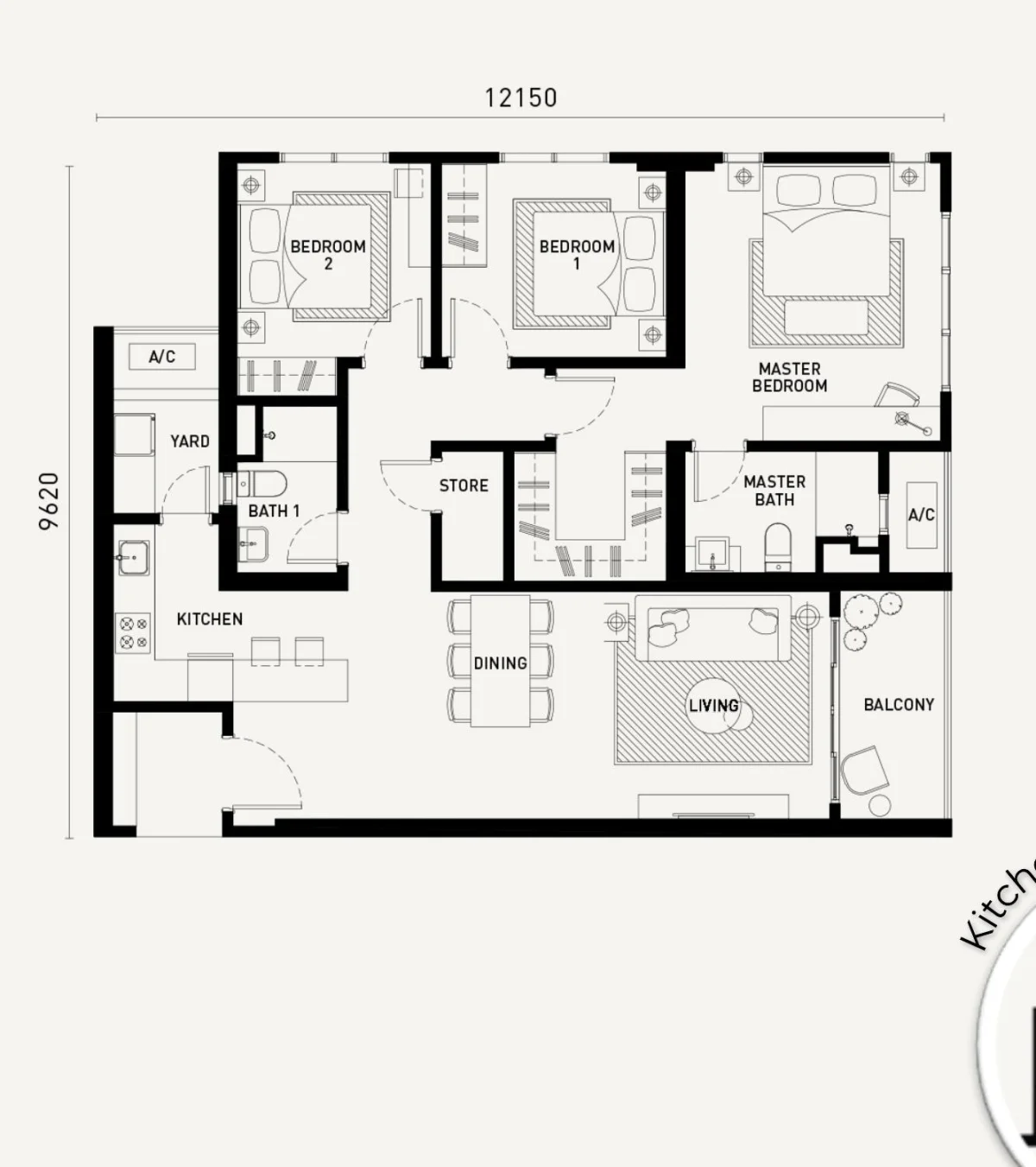 Arunya Residences Type E floor plan — 1,184 sq ft