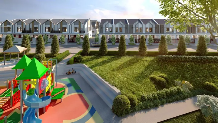 Children's playground and lawn in front of a row of terrace homes at Astera Park, Impian Hills, artist's impression