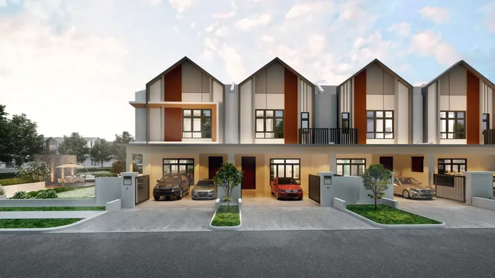 Type B 22' x 70' double-storey terrace homes with timber-toned gables at Astera @ Impian Hills, artist's impression
